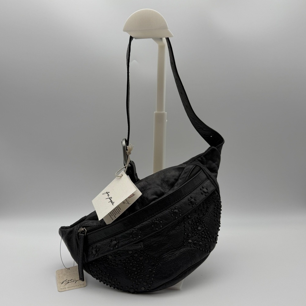 Free People Ana Adorned Sling Bag Black Leather Studded Crossbody Purse NWT - Picture 2 of 8